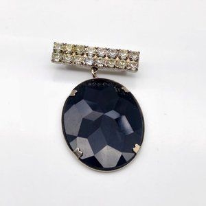Vintage Glitz Brooch with Dangling Faceted Black Cabochon Oval in Silver Tone